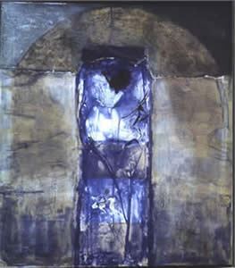Metamorphose H, Enkaustik/Collage auf LW, 80 x 70 cm, 1996